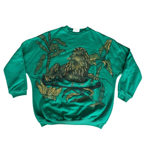 Womens Sweatshirt Size Large Gold Glitter Lion Ugly Sweater Vintage - Picture 1 of 9